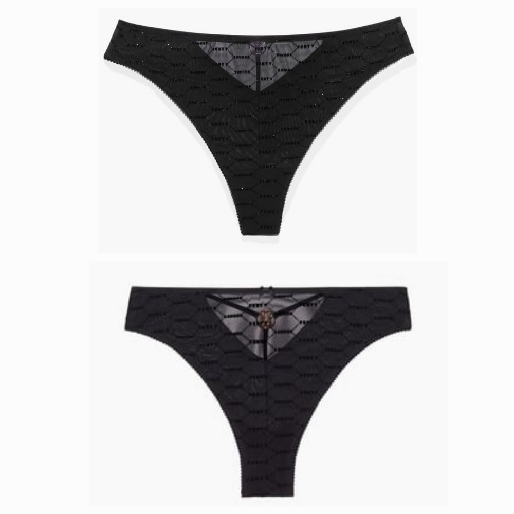 NWT Savage X Fenty Shimmer Flocked Logo Brazilian Caged Panty Black Mesh Size XL